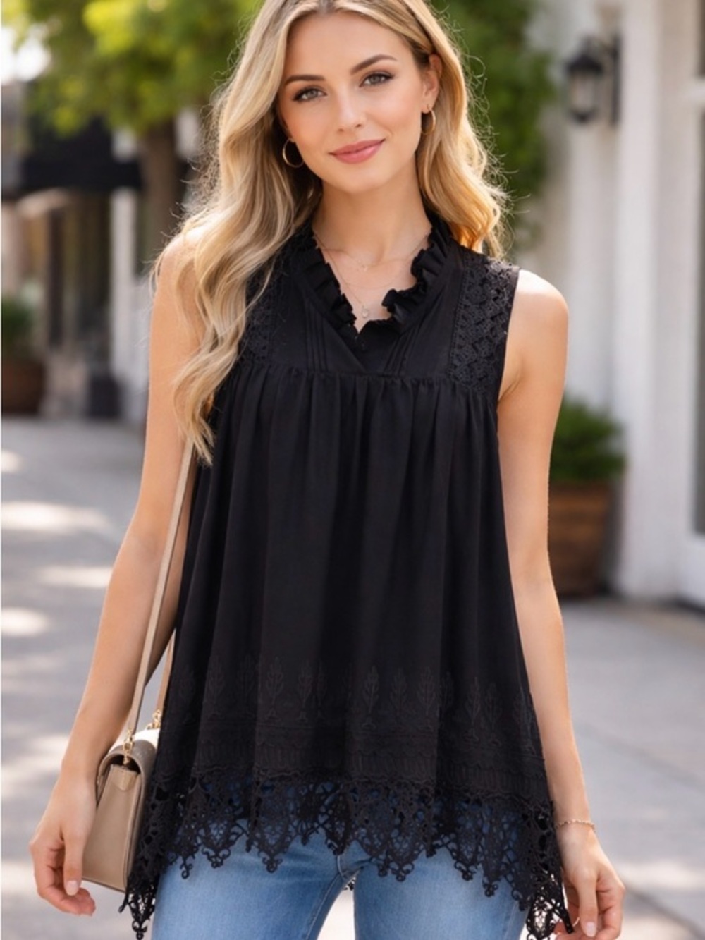 Anthropologie Eri + Ali Black Lace-Trim V-Neck ruffle blouse size XS $119